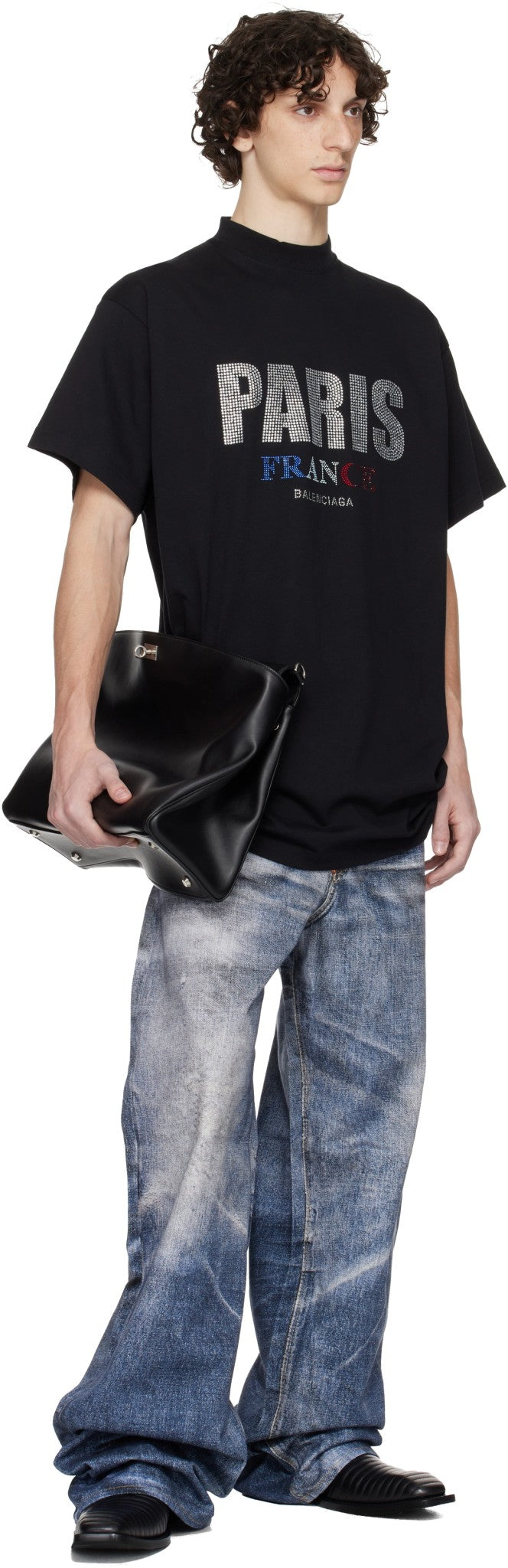 BALENCIAGA BLACK 'PARIS' STRASS VINTAGE JERSEY T-SHIRT