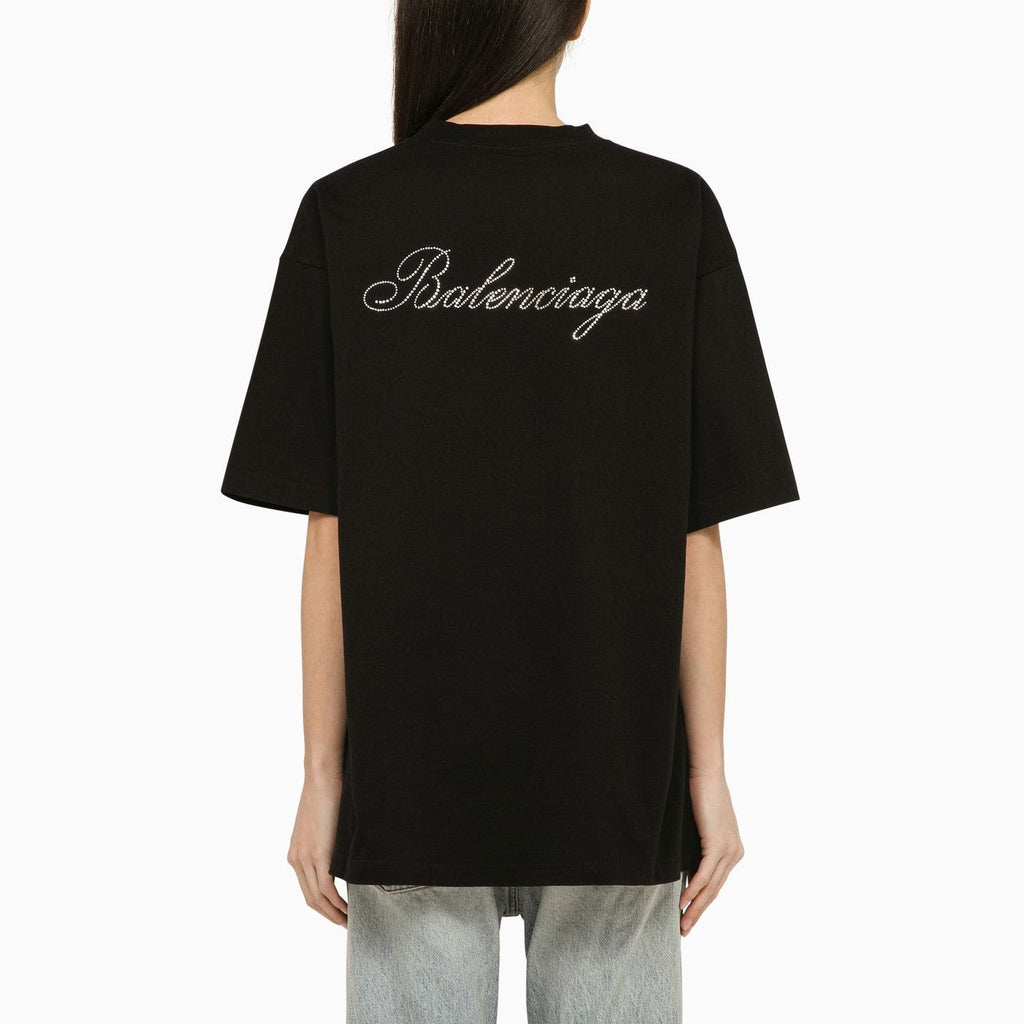 BALENCIAGA HANDWRITTEN RHINESTONE BACK BLACK T-SHIRT