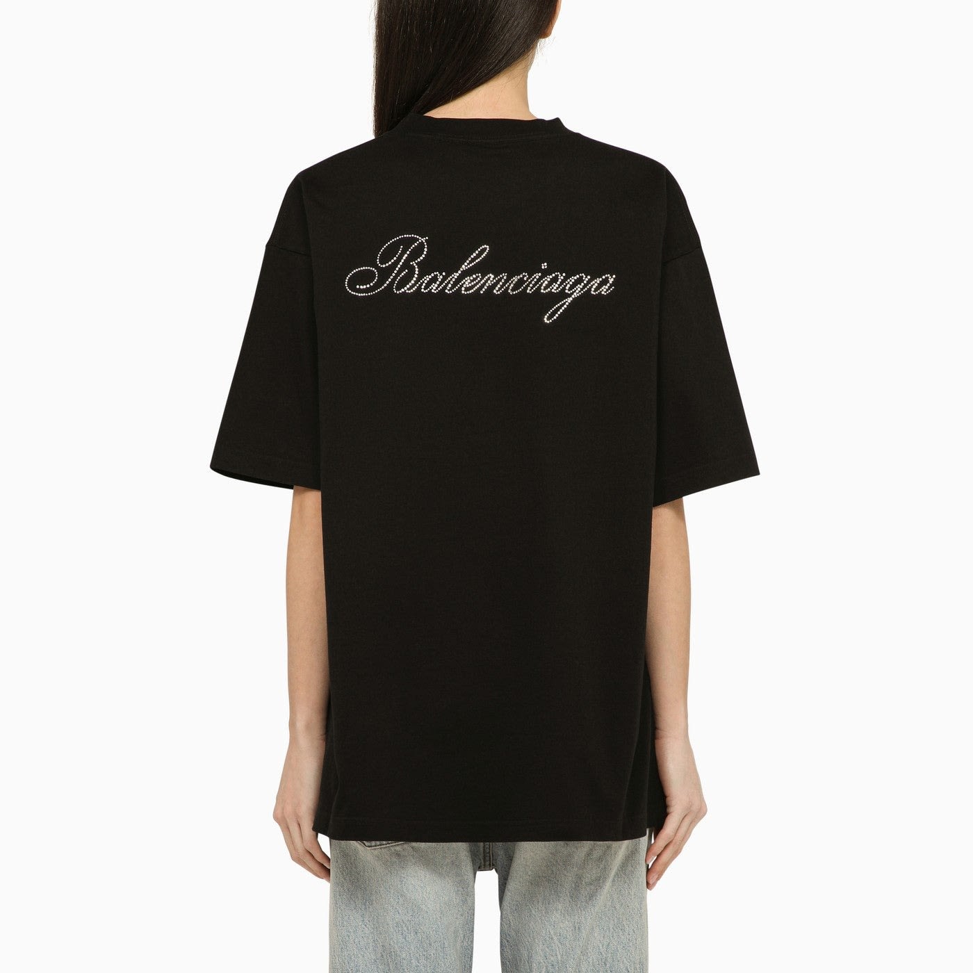 BALENCIAGA HANDWRITTEN RHINESTONE BACK BLACK T-SHIRT