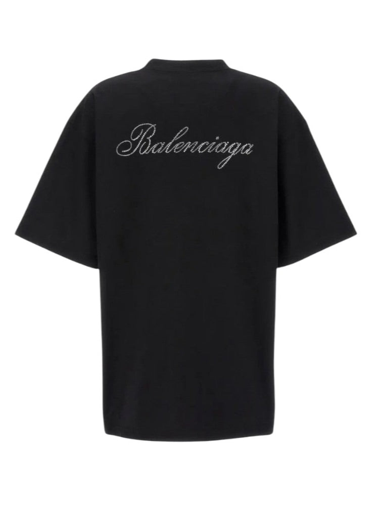 BALENCIAGA HANDWRITTEN RHINESTONE BACK BLACK T-SHIRT