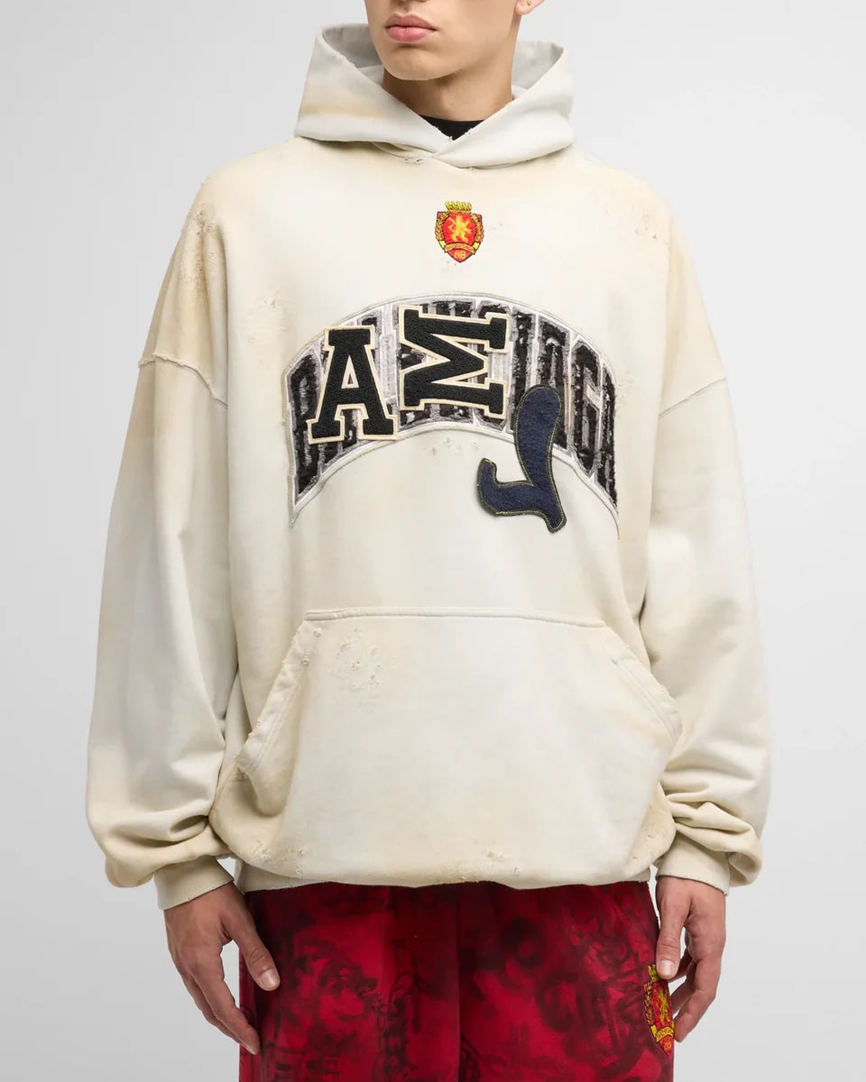 BALENCIAGA SKATER LOGO DISTRESSED HOODIE WHITE