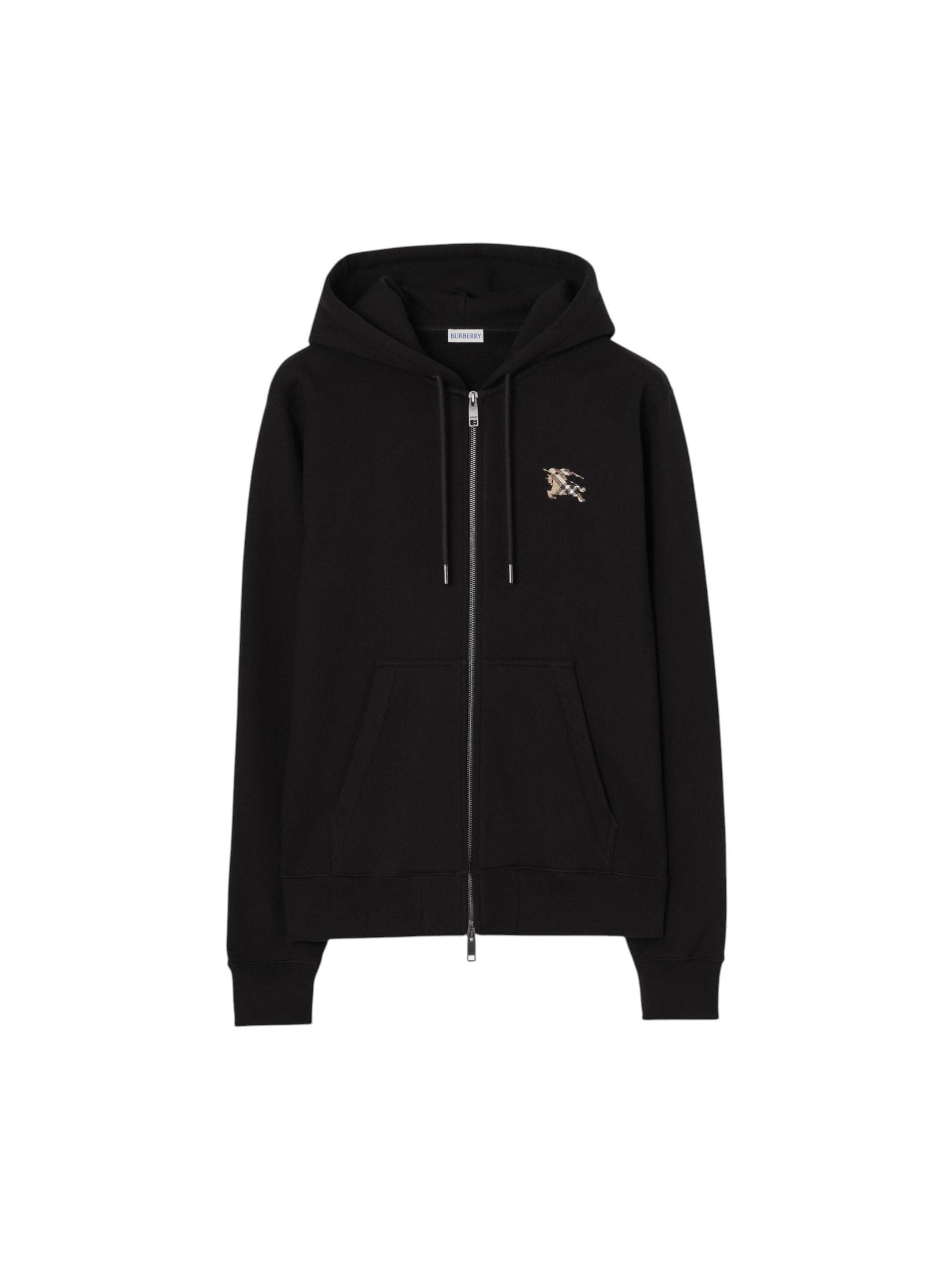 BURBERRY CHECK KNIGHT BLACK STAMP COTTON ZIP UP HOODIE