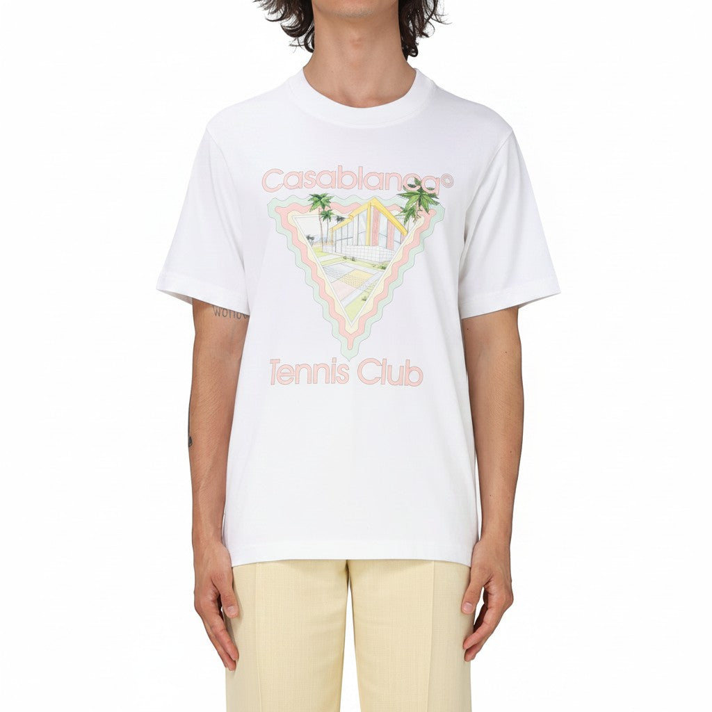 The Hype Company white cotton t-shirt with Casablanca Tennis Club graphic print and pastel triangle border.