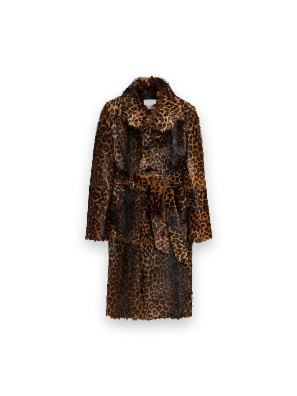 AMI PARIS LONG LEOPARD GOAT LEATHER BELTED COAT