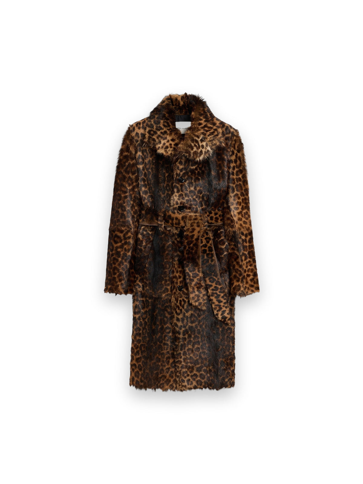 AMI PARIS LONG LEOPARD GOAT LEATHER BELTED COAT