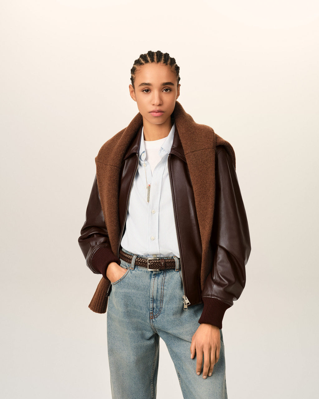 AMI PARIS BURGUNDY LAMB LEATHER ZIPPED JACKET — vista 3