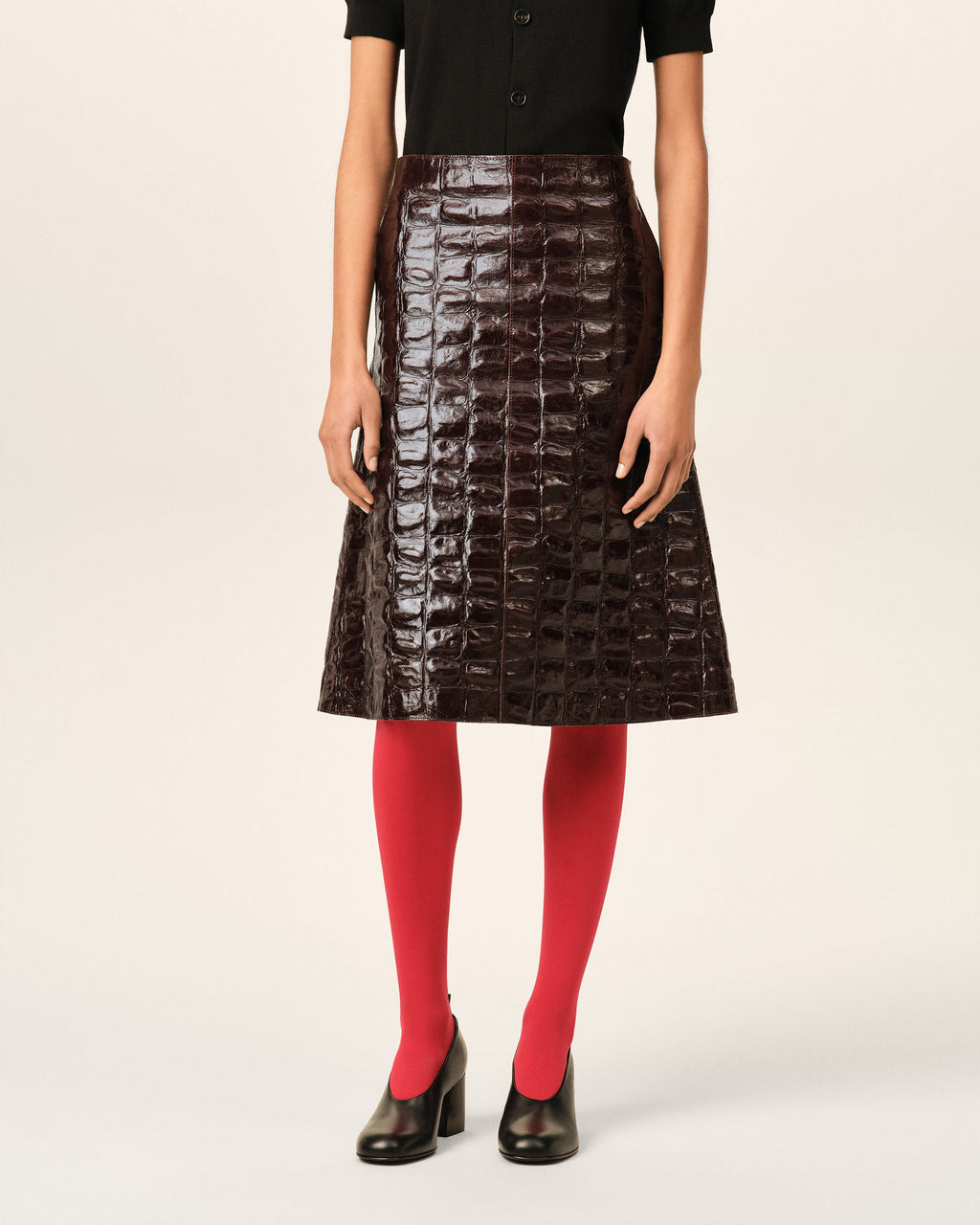 AMI PARIS BURGUNDY MIDI COWHIDE LEATHER SKIRT — vista 3