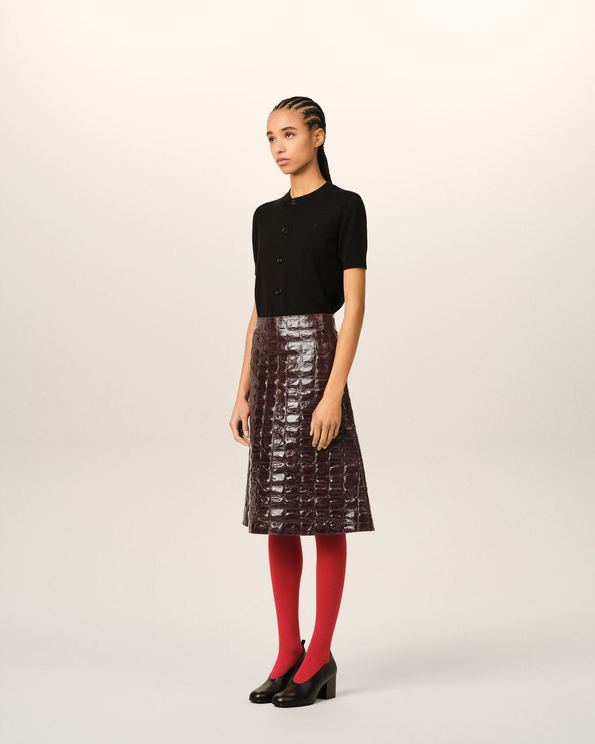 AMI PARIS BURGUNDY MIDI COWHIDE LEATHER SKIRT — vista 6