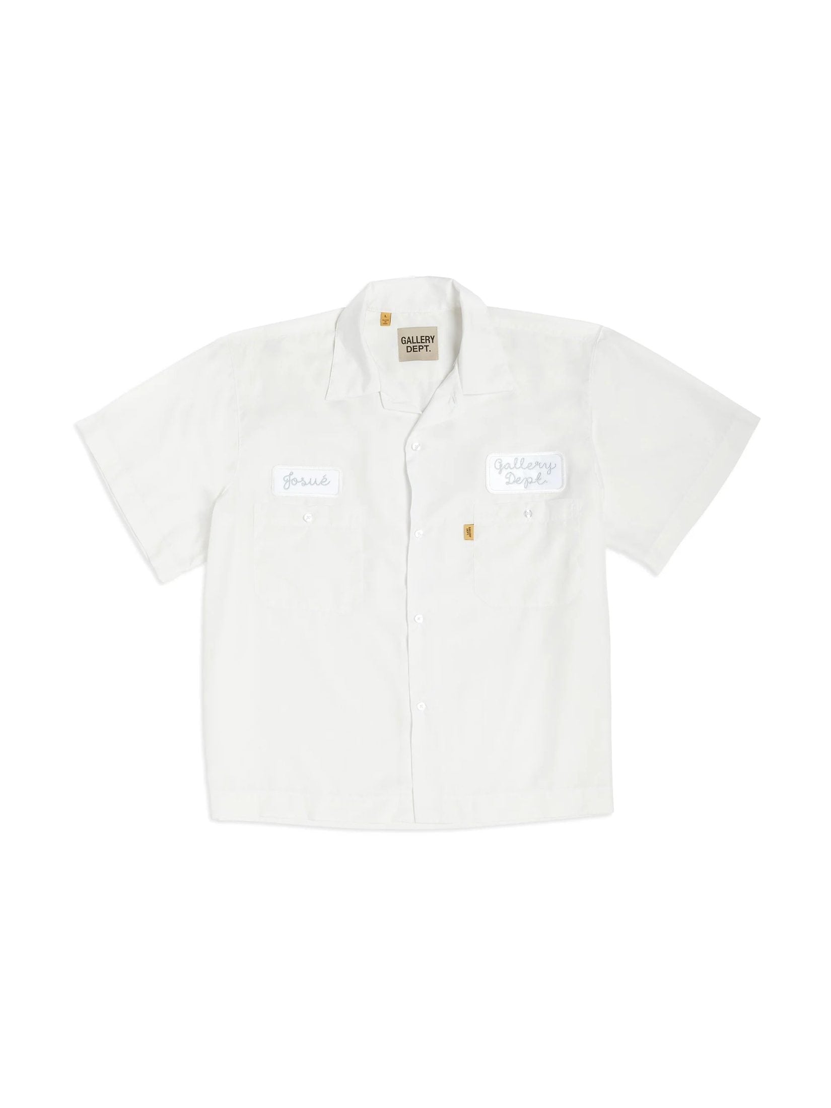 GALLERY DEPT ANTIQUE WHITE MECHANIC EMBROIDERED PATCH SLEEVE BUTTON UP SHIRT