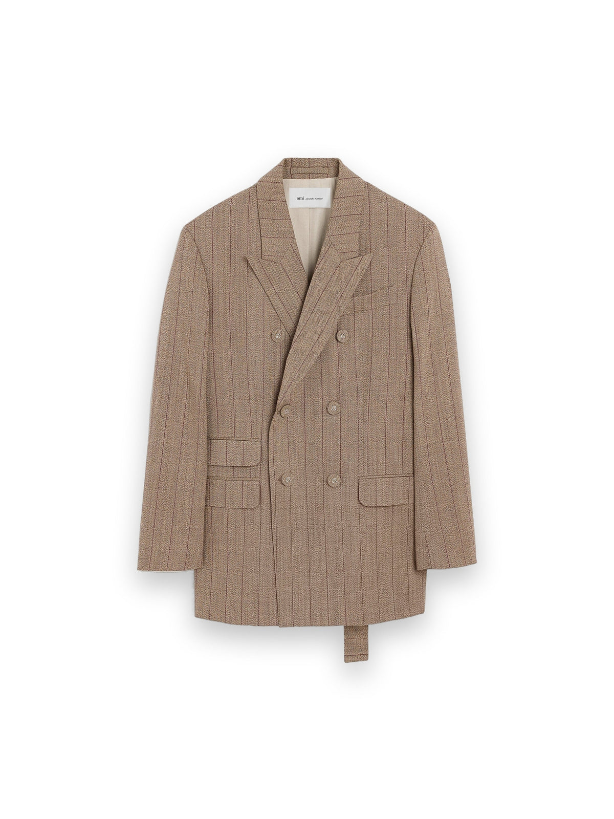 AMI PARIS BROWN DOUBLE BREASTED STRIPED WOOL BLAZER