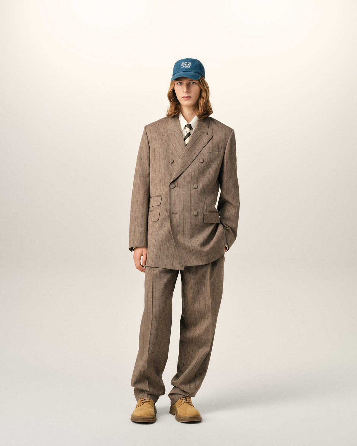 AMI PARIS BROWN DOUBLE BREASTED STRIPED WOOL BLAZER — vista 2