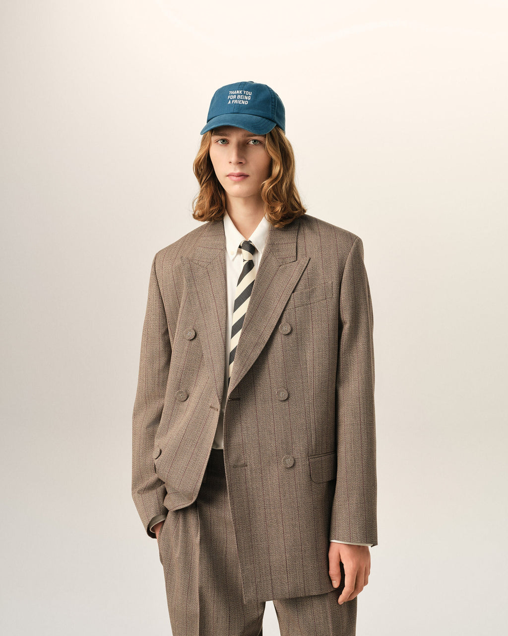 AMI PARIS BROWN DOUBLE BREASTED STRIPED WOOL BLAZER — vista 3