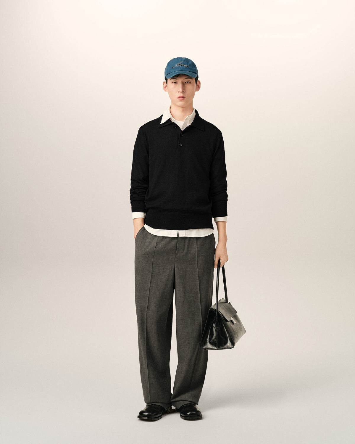 AMI PARIS BLACK WOOL POLO WITH AMI DE COEUR — vista 3