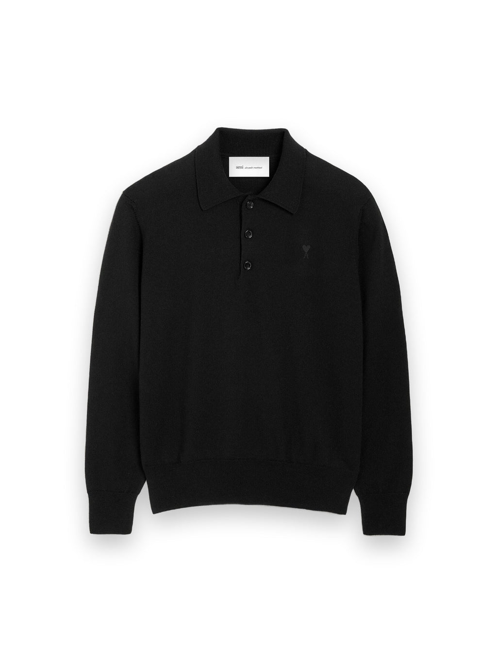 AMI PARIS BLACK WOOL POLO WITH AMI DE COEUR