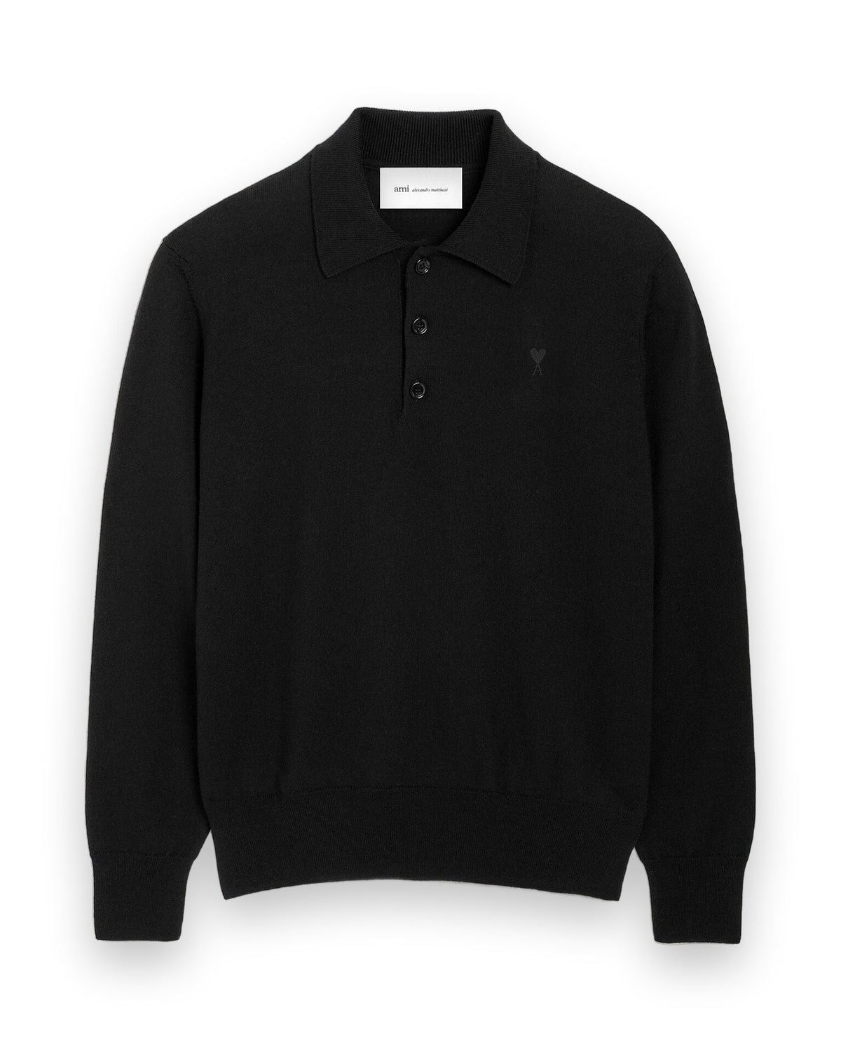 AMI PARIS BLACK WOOL POLO WITH AMI DE COEUR