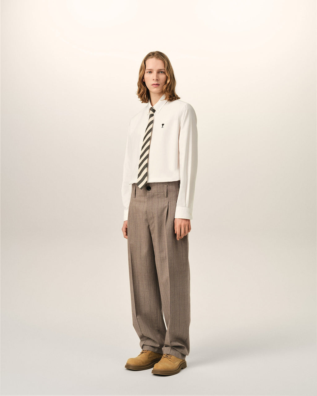 AMI PARIS BROWN STRIPED WOOL TWO-PLEATS TROUSERS — vista 6