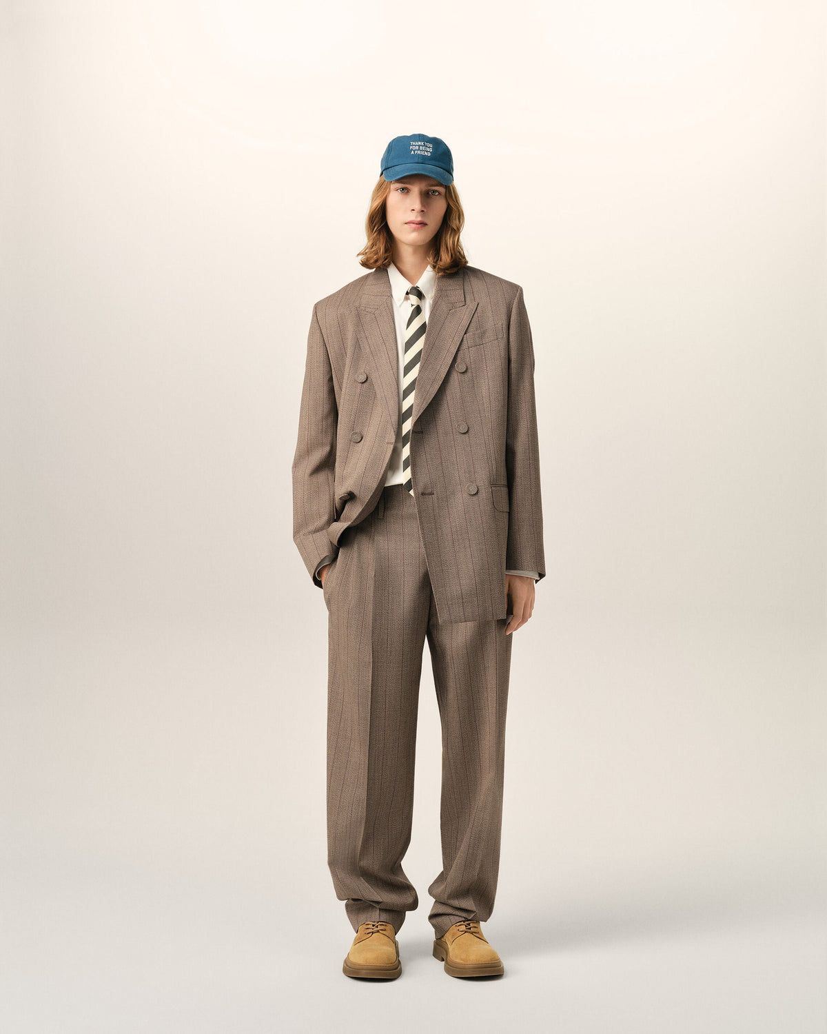 AMI PARIS BROWN STRIPED WOOL TWO-PLEATS TROUSERS — vista 2