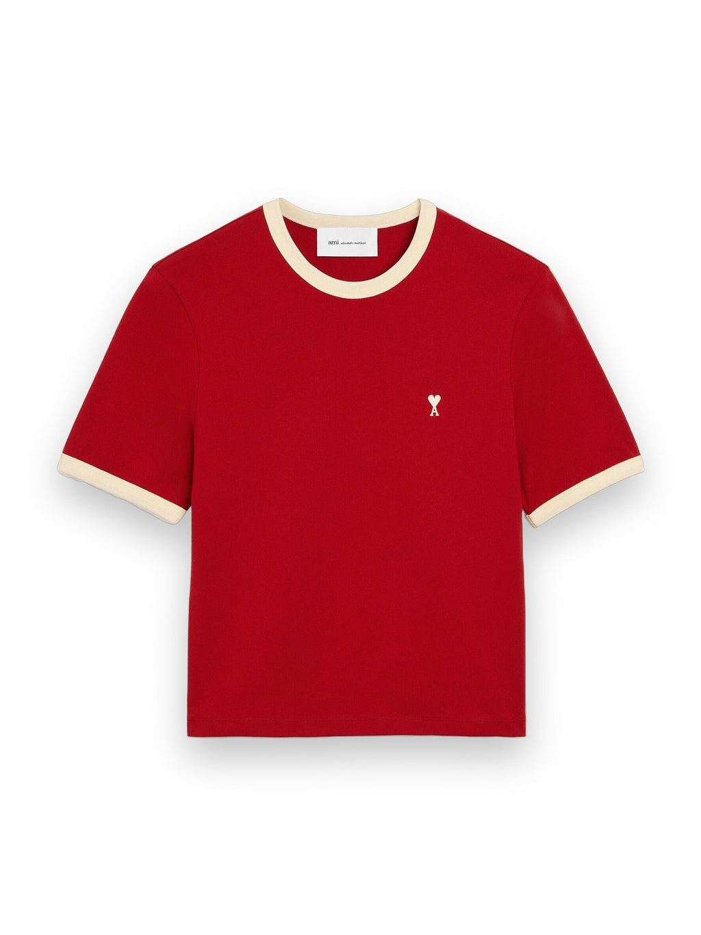 AMI PARIS RED CONTRASTED COTTON T-SHIRT WITH AMI DE COEUR