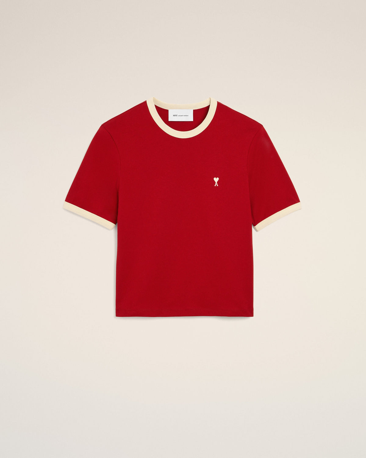 AMI PARIS RED CONTRASTED COTTON T-SHIRT WITH AMI DE COEUR
