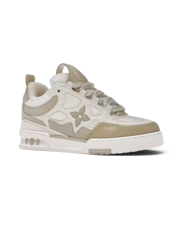 Zapatillas Louis Vuitton LV Skate en tonos beige y blanco con detalles de malla y flores Monogram de The Hype Company