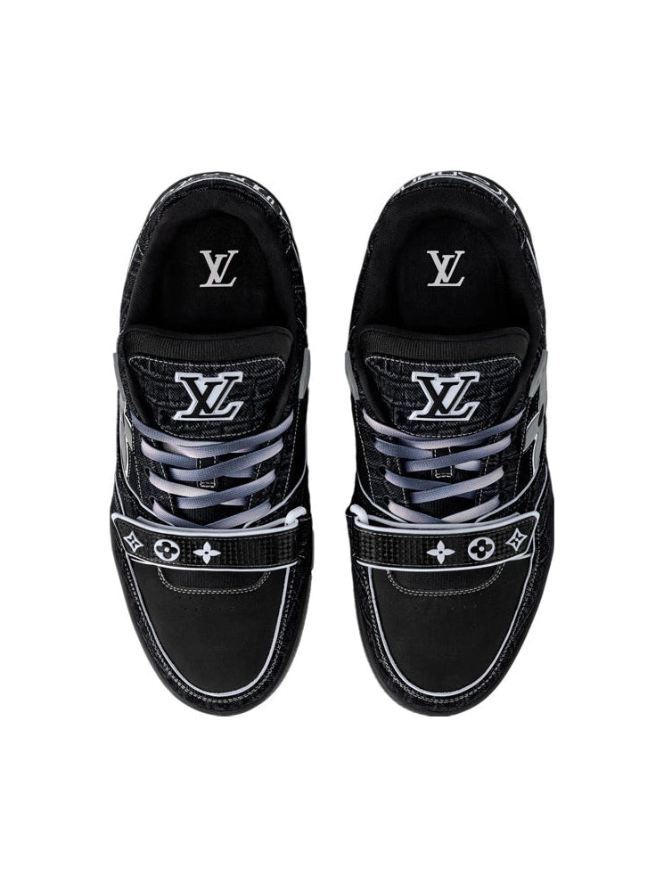 LOUIS VUITTON LV TRAINER BLACK WITH CROC-EMBOSSED BLACK DENIM SNEAKERS LOUIS VUITTON The Hype Company
