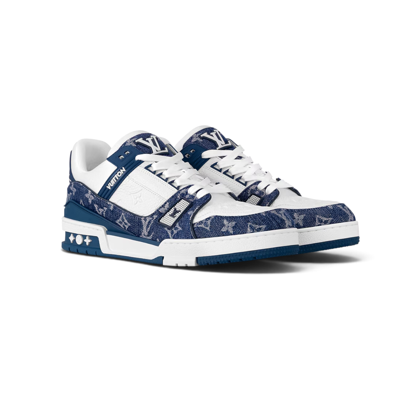 Zapatillas The Hype Company Louis Vuitton LV Trainer en denim azul y blanco con monograma y detalles de cuero