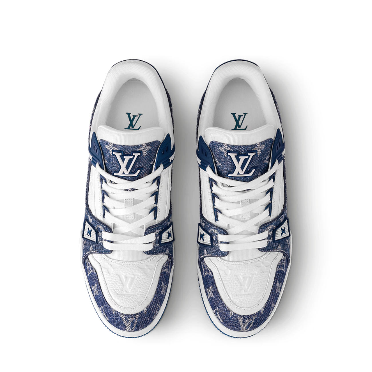 Zapatillas The Hype Company Louis Vuitton LV Trainer en denim azul y cuero blanco con monograma icónico