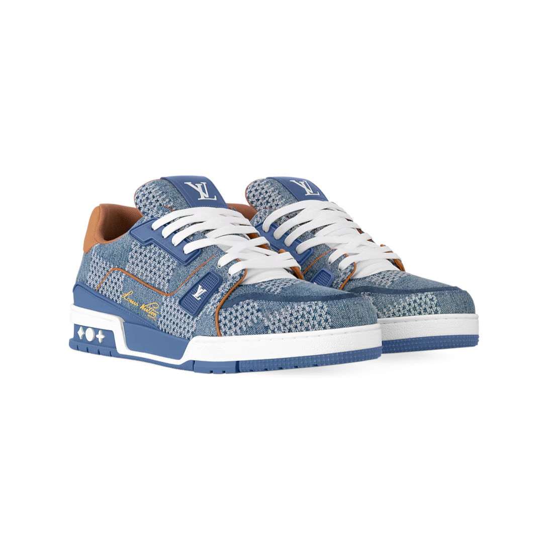 Zapatillas The Hype Company Louis Vuitton Trainer en denim azul con patrón Damier 3D y detalles en cuero marrón