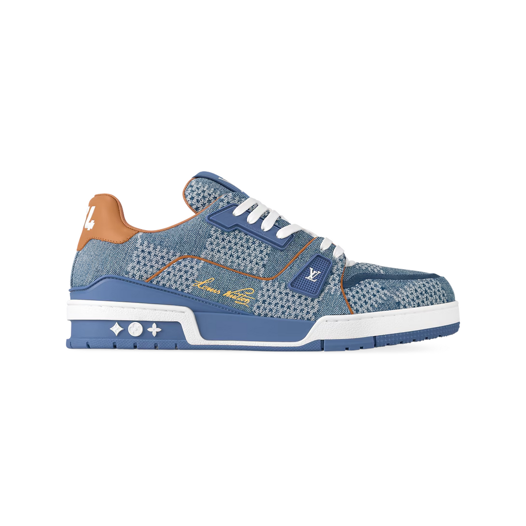 Zapatillas The Hype Company Louis Vuitton Trainer en denim azul con patrón Damier 3D y detalles en cuero marrón