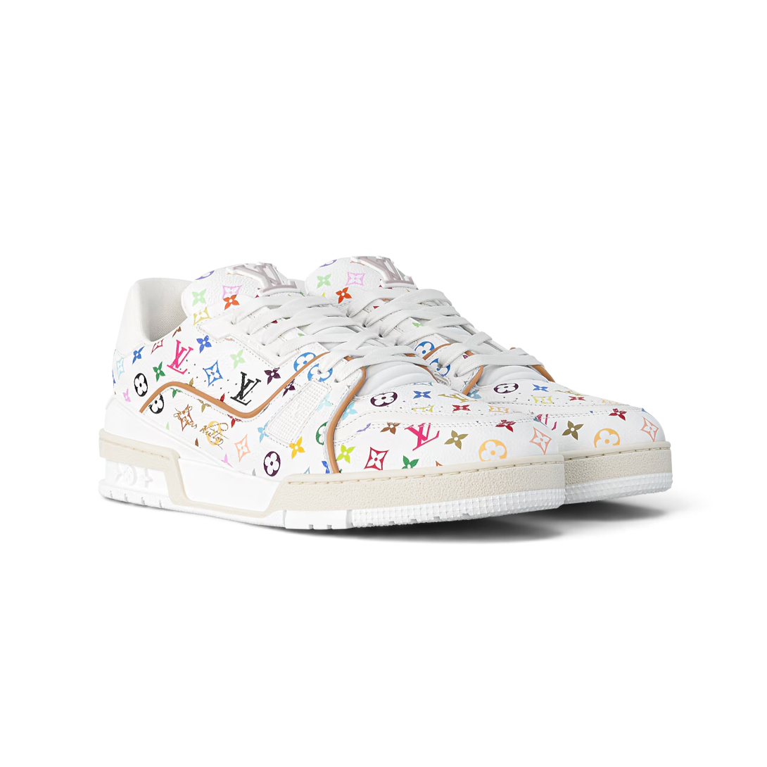 Tenis The Hype Company Louis Vuitton Trainer Murakami en piel de becerro blanca con estampado Monograma multicolor