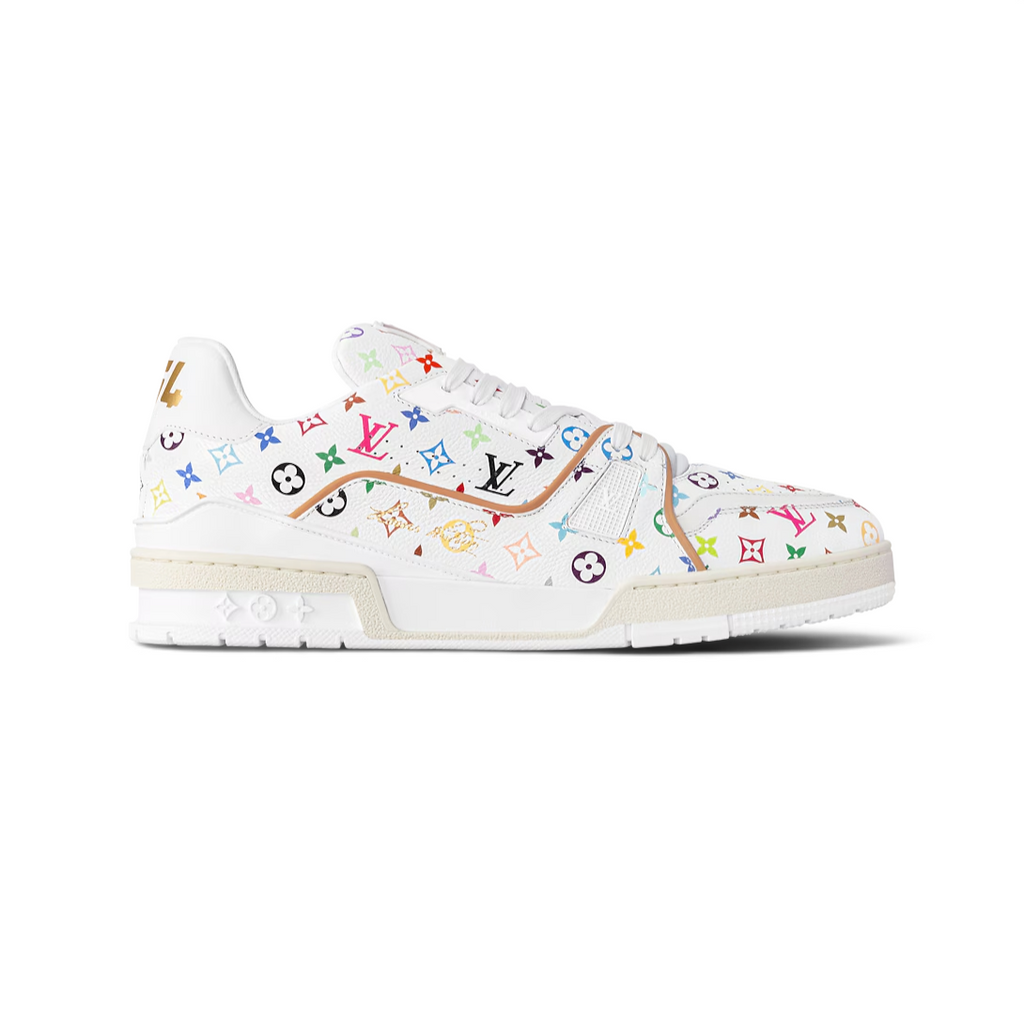 Tenis The Hype Company Louis Vuitton Trainer Murakami en piel de becerro blanca con estampado Monograma multicolor