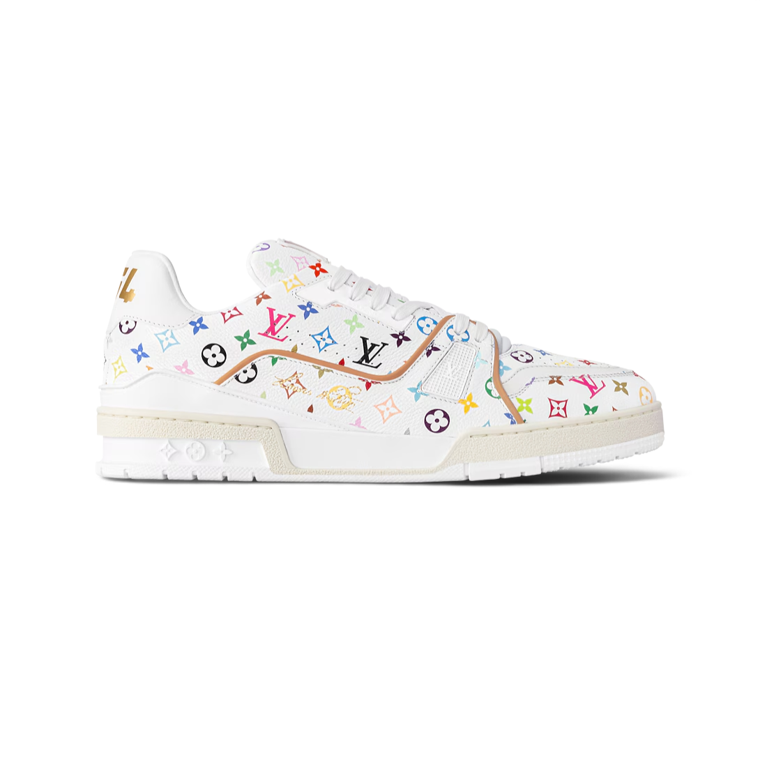 Tenis The Hype Company Louis Vuitton Trainer Murakami en piel de becerro blanca con estampado Monograma multicolor