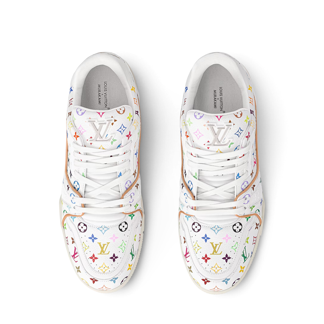 Tenis The Hype Company Louis Vuitton Trainer Murakami en piel de becerro blanca con estampado Monograma multicolor.
