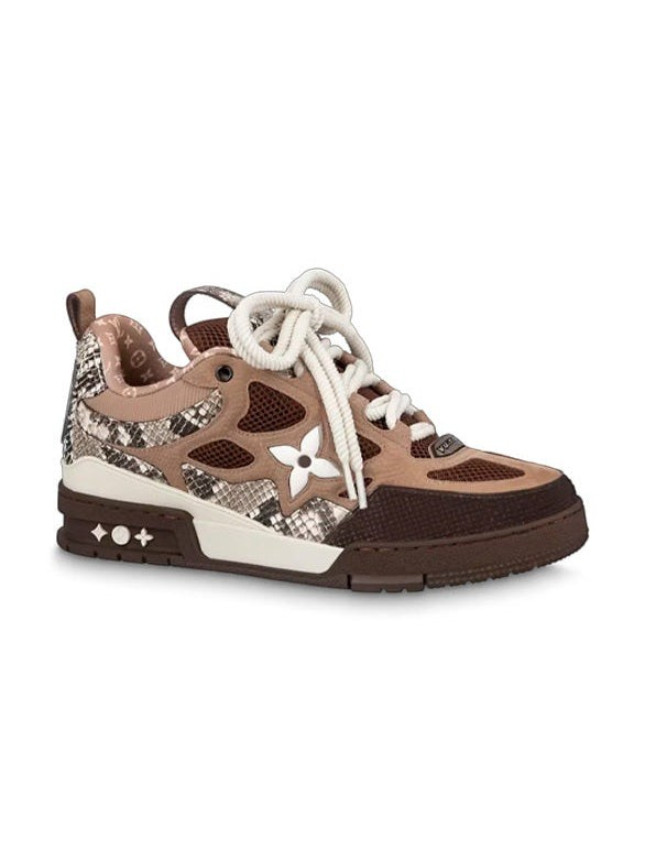 Zapatillas LV Skate Snakeskin de The Hype Company con paneles de piel de serpiente, malla marrón y cordones gruesos.
