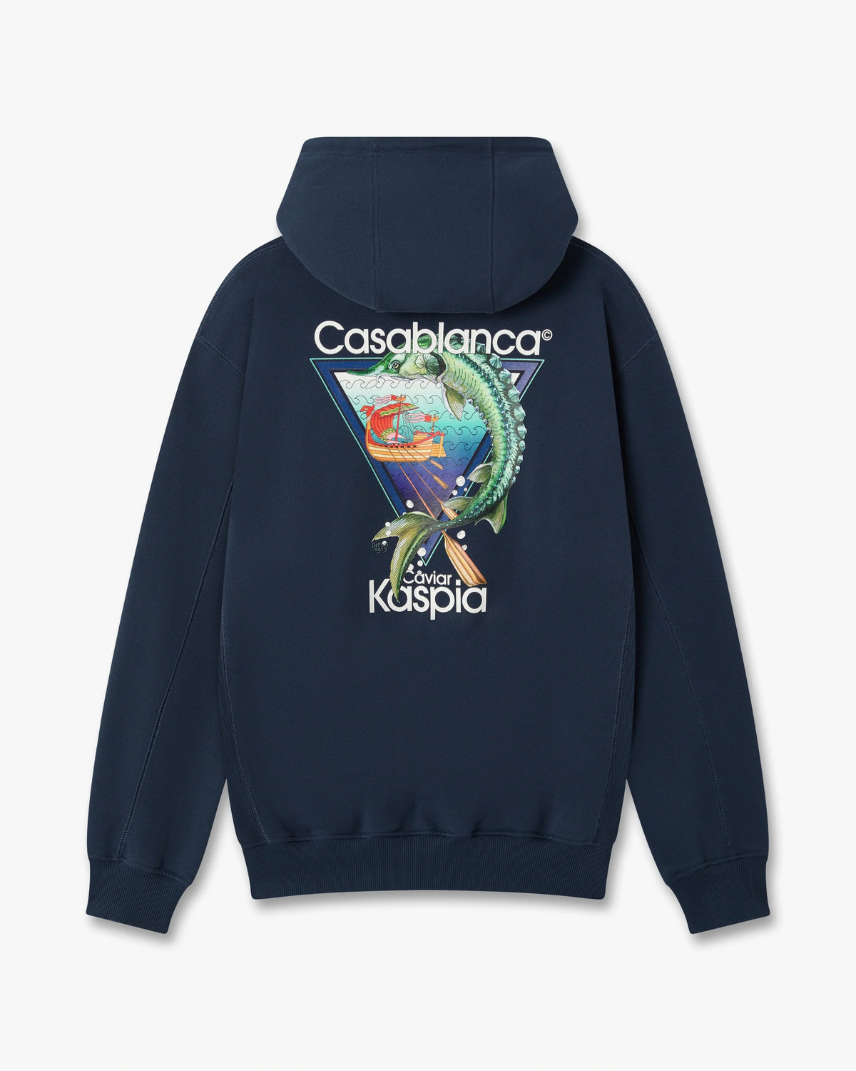 CASABLANCA NAVY CASA KASPIA NEW YORK CLUB ICON PRINTED HOODED SWEATSHIRT