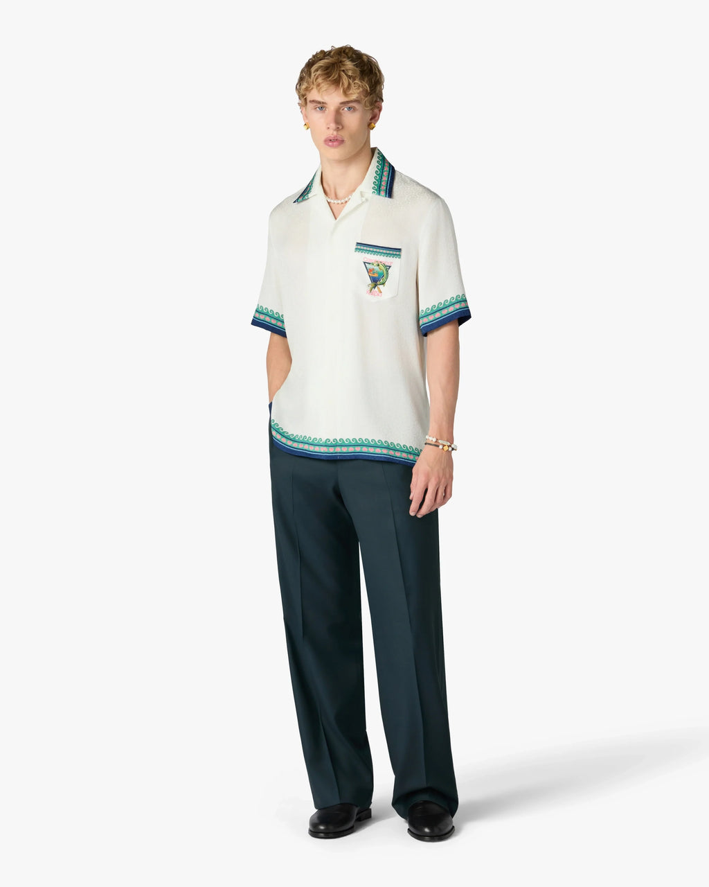 CASABLANCA WHITE CASA KASPIA NEW YORK CLUB ICON SHORT SLEEVE SILK SHIRT — vista 2
