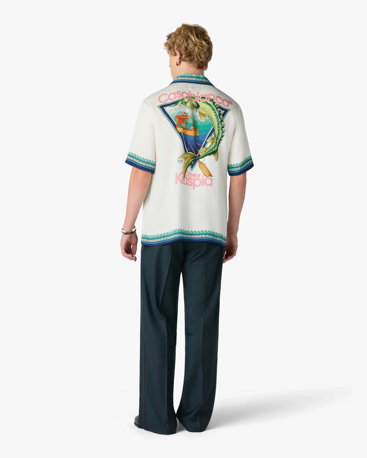 CASABLANCA WHITE CASA KASPIA NEW YORK CLUB ICON SHORT SLEEVE SILK SHIRT — vista 3