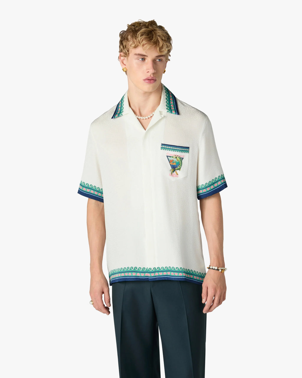 CASABLANCA WHITE CASA KASPIA NEW YORK CLUB ICON SHORT SLEEVE SILK SHIRT — vista 4