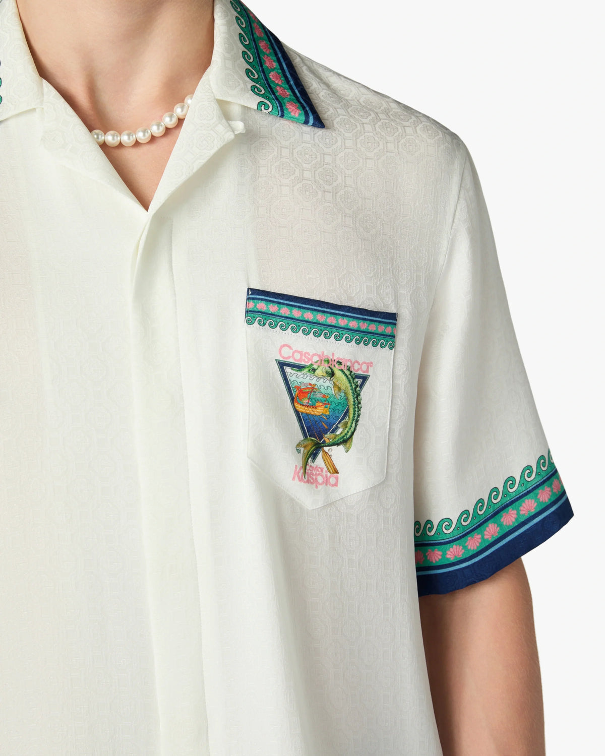 CASABLANCA WHITE CASA KASPIA NEW YORK CLUB ICON SHORT SLEEVE SILK SHIRT — vista 5