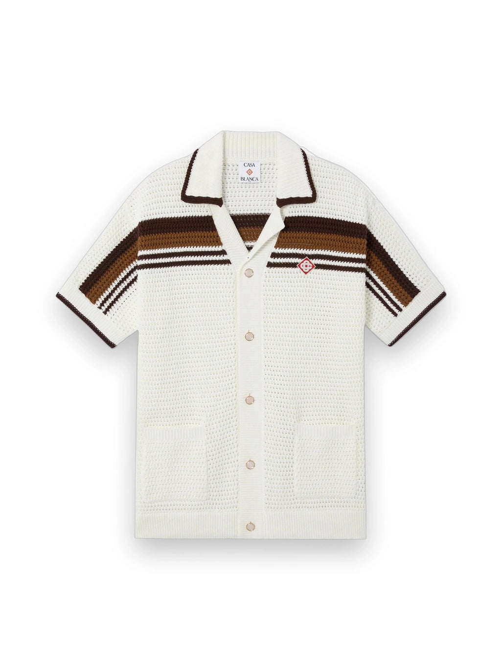 CASABLANCA WHITE & BROWN TENNIS STRIPE CROCHET SHORT SLEEVE SHIRT