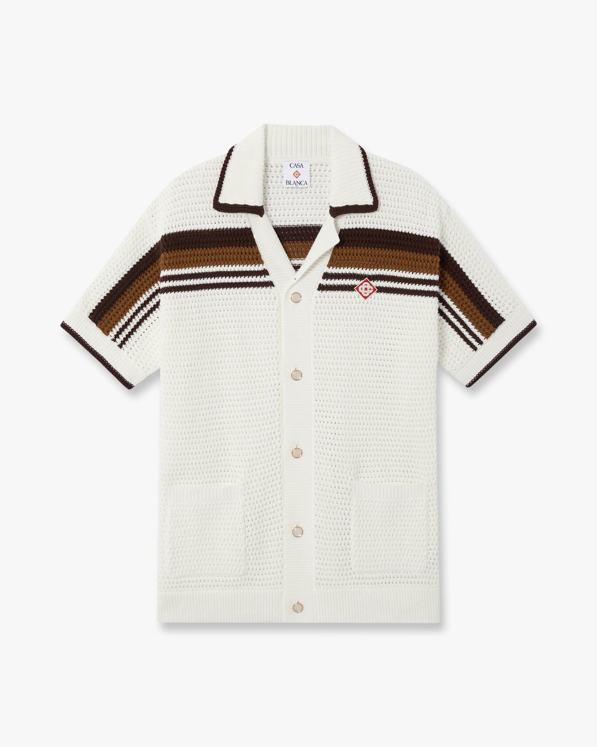 CASABLANCA WHITE & BROWN TENNIS STRIPE CROCHET SHORT SLEEVE SHIRT
