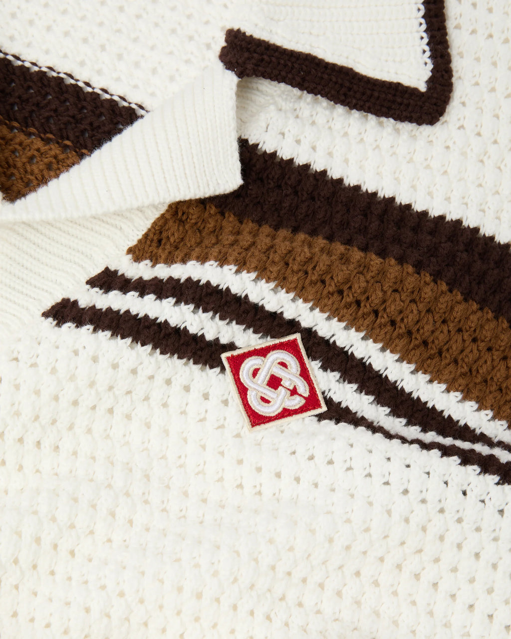 CASABLANCA WHITE & BROWN TENNIS STRIPE CROCHET SHORT SLEEVE SHIRT — vista 6