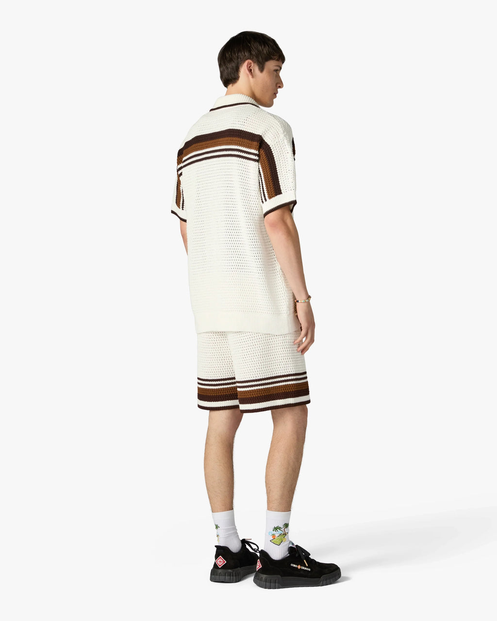 CASABLANCA WHITE & BROWN TENNIS STRIPE CROCHET SHORT SLEEVE SHIRT — vista 3