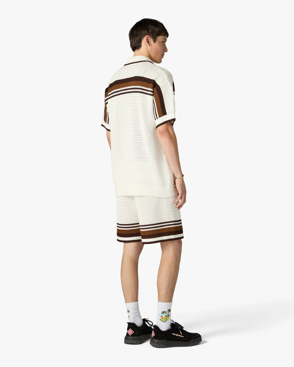 CASABLANCA WHITE & BROWN TENNIS STRIPE CROCHET SHORT SLEEVE SHIRT — vista 3