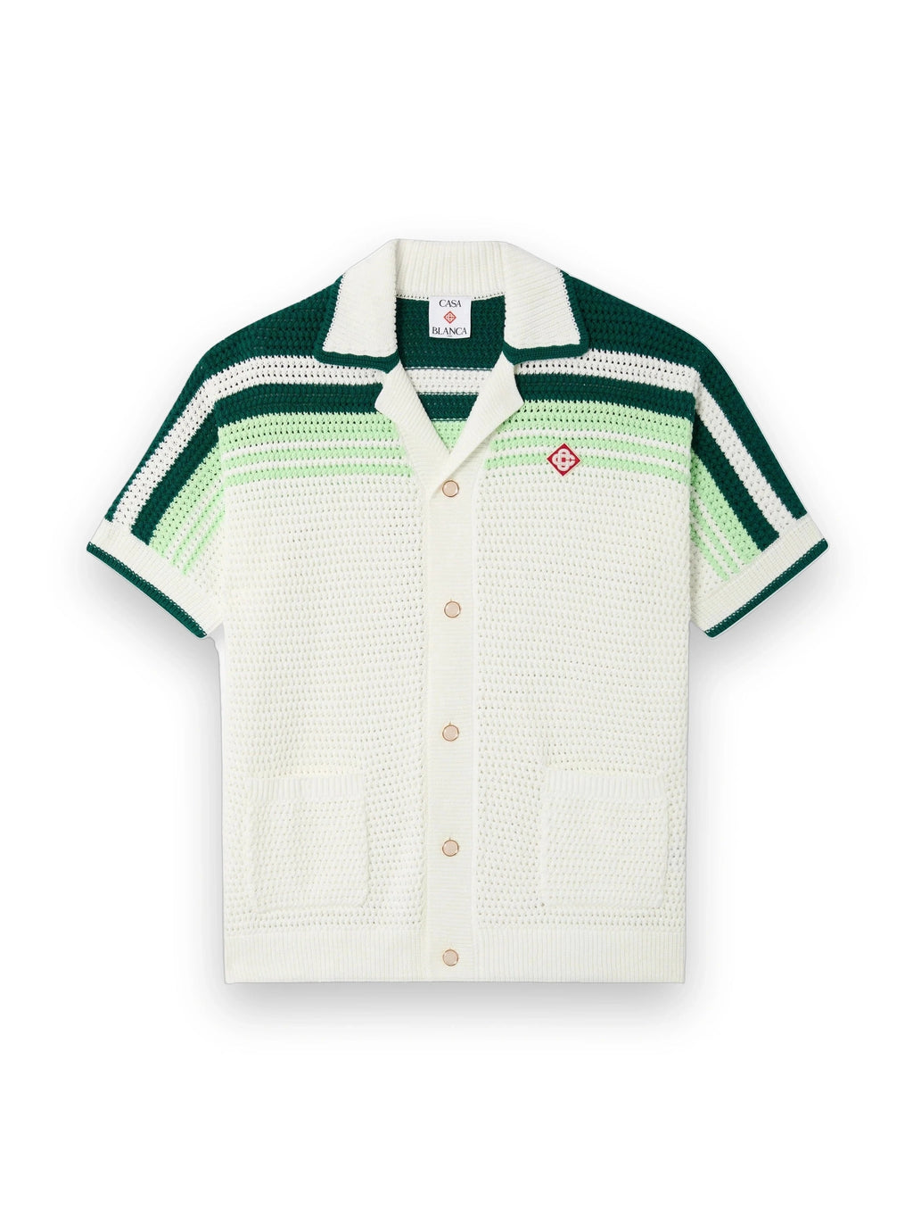 CASABLANCA GREEN & WHITE TENNIS STRIPE CROCHET SHORT SLEEVE SHIRT