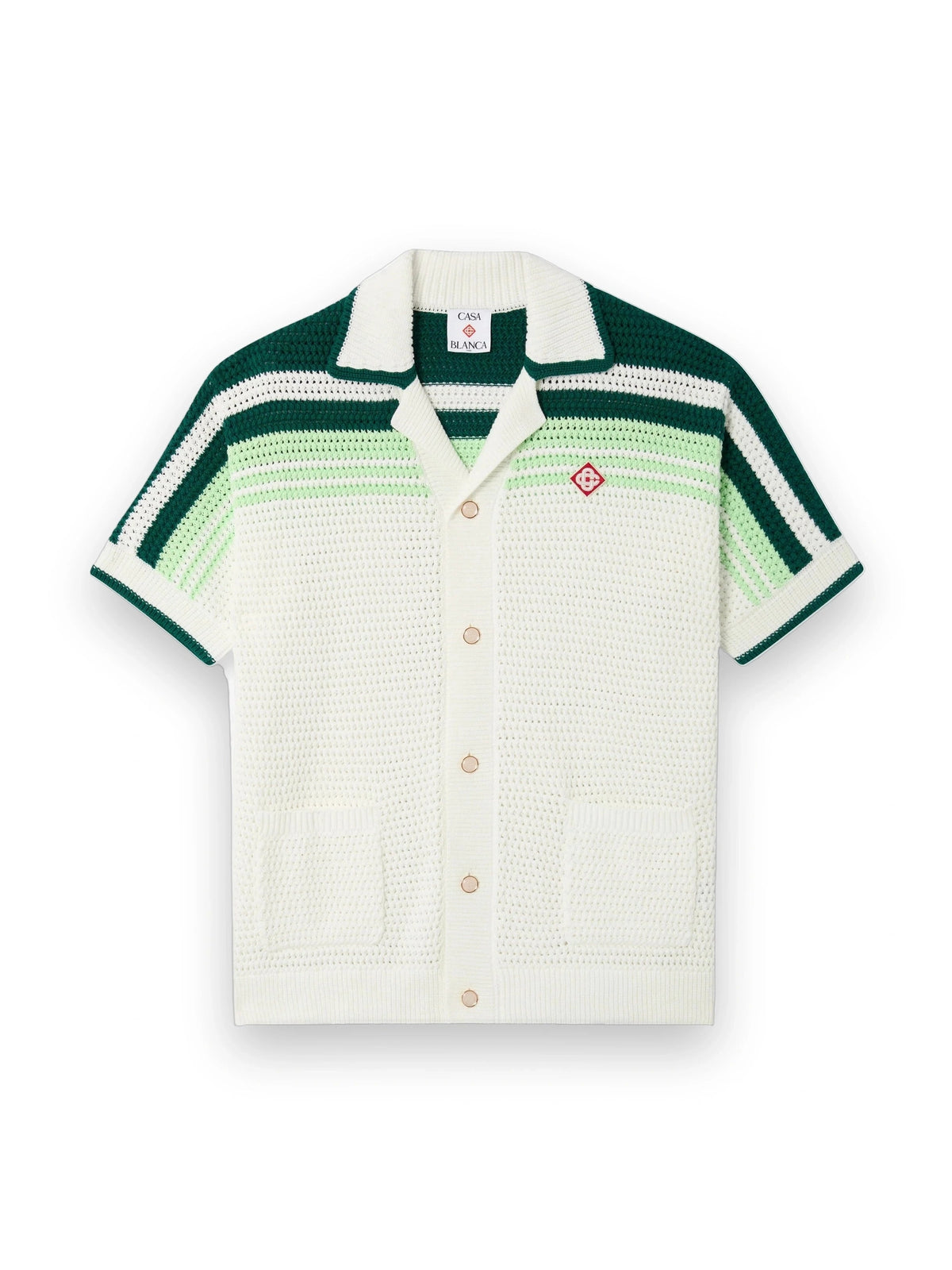 CASABLANCA GREEN & WHITE TENNIS STRIPE CROCHET SHORT SLEEVE SHIRT