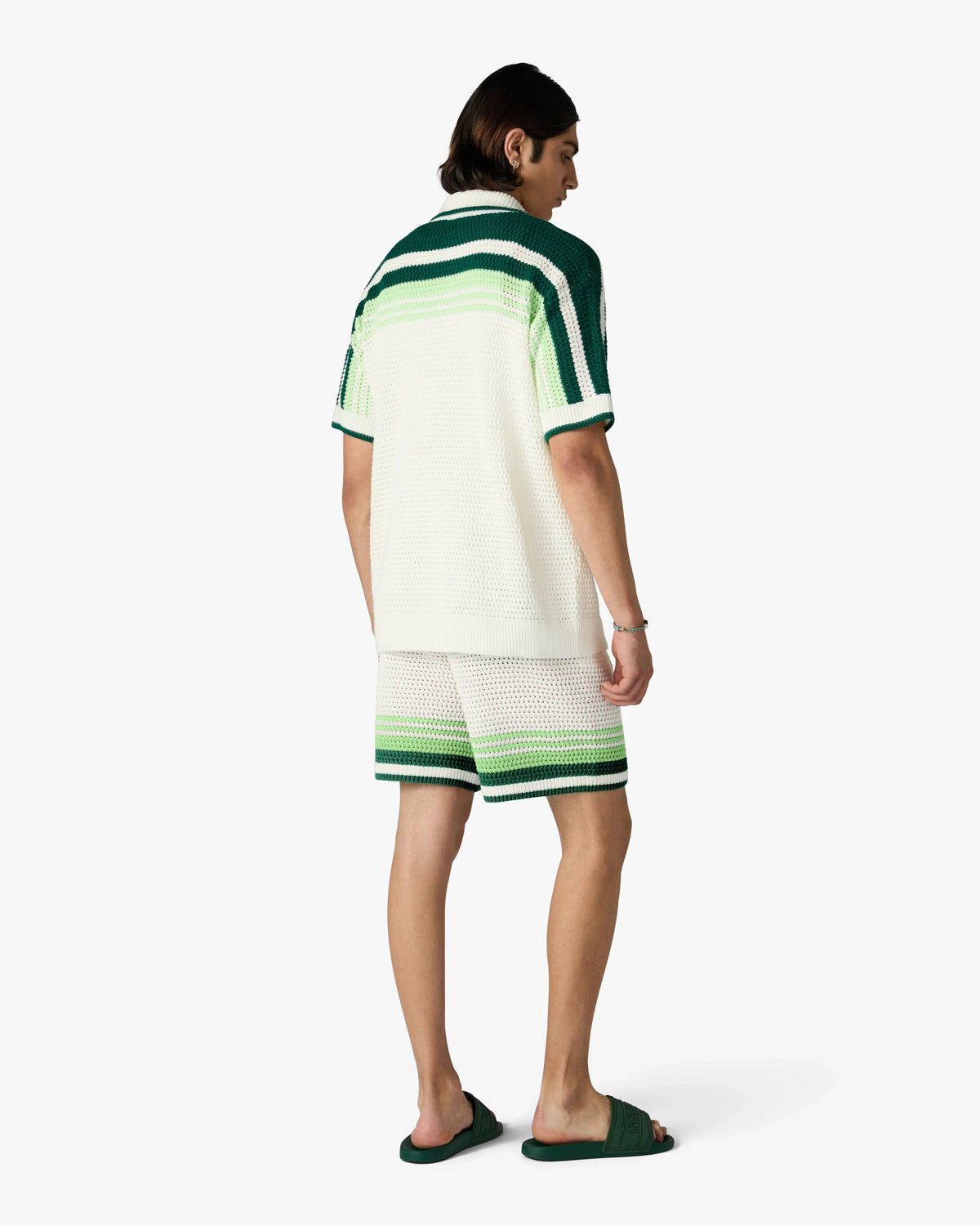 CASABLANCA GREEN & WHITE TENNIS STRIPE CROCHET SHORT SLEEVE SHIRT — vista 3