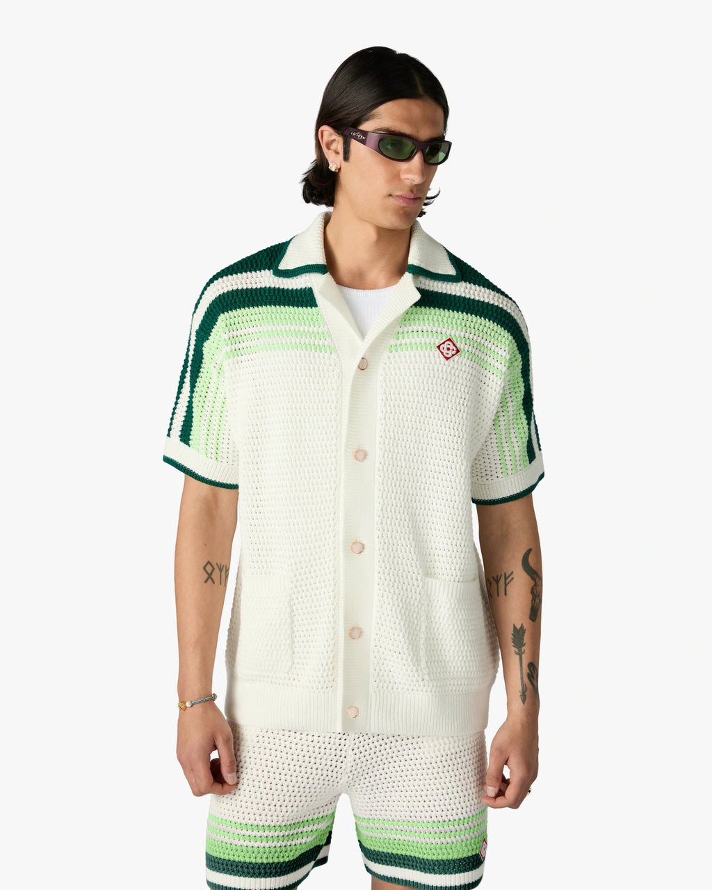 CASABLANCA GREEN & WHITE TENNIS STRIPE CROCHET SHORT SLEEVE SHIRT — vista 4