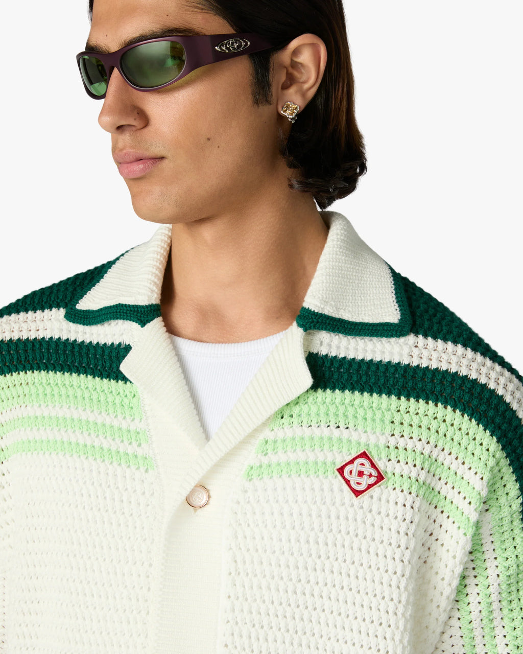 CASABLANCA GREEN & WHITE TENNIS STRIPE CROCHET SHORT SLEEVE SHIRT — vista 5