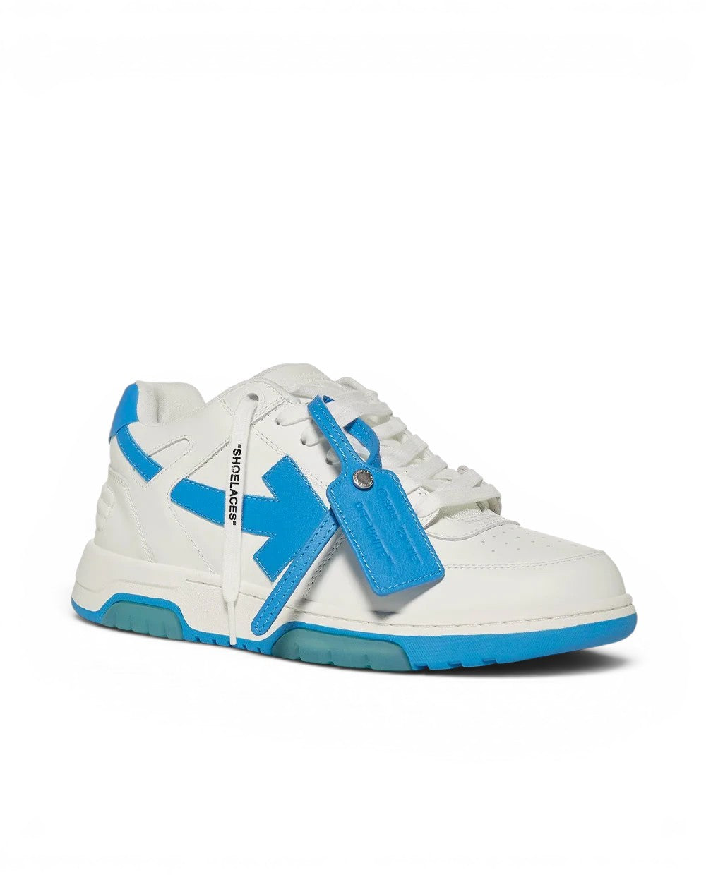 Zapatillas The Hype Company Off-White Out of Office bajas en cuero blanco con detalles y suela en azul vibrante